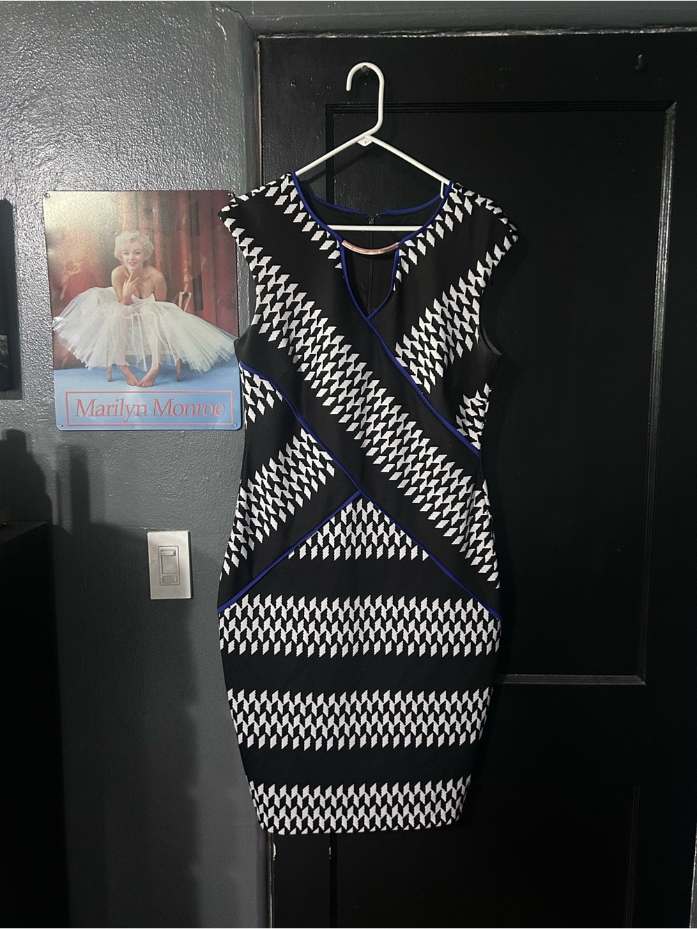 Sleeveless Black & White Geometric Midi Dress with Blue Trim